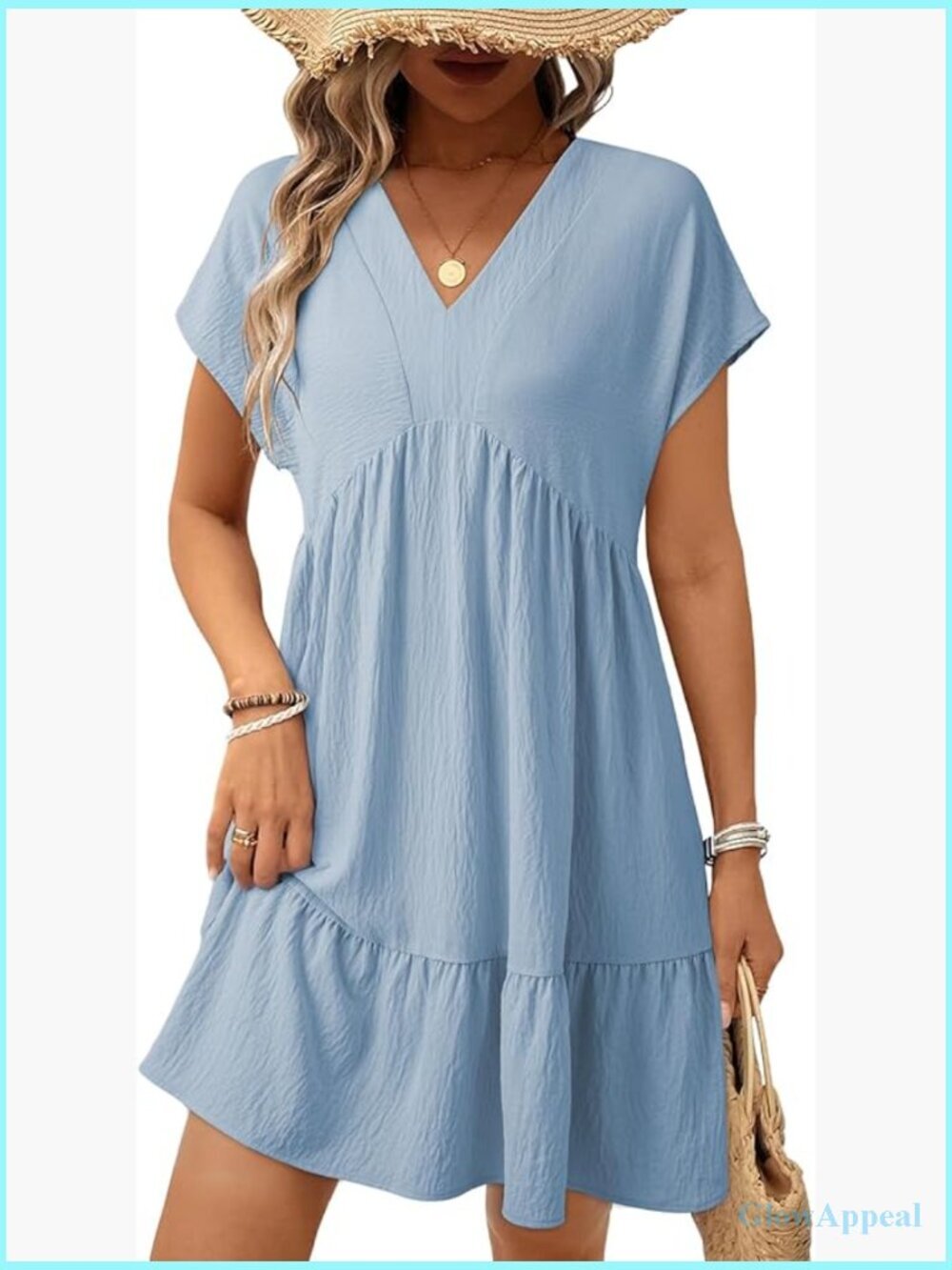 Summer Casual Loose V-Neck Short Sleeve Mini Dress with Pockets